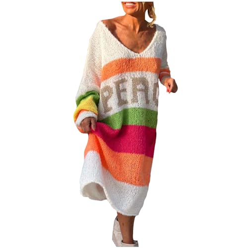 yiouyisheng Oversize Pullover Damen Strick Lang Strickpullover Regenbogen Streifen Longpullover Langarm V-Ausschnitt Damenpullover Lose Winterpullover Knitted Sweater von yiouyisheng