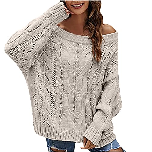 yiouyisheng Pullover Damen Sexy Langarm Schulterfrei Strickpullover Grobmaschig Sweatshirt Lose Carmen Pulli Locker Langarmshirt Oberteil Grobstrickpullover Knitted Sweater von yiouyisheng