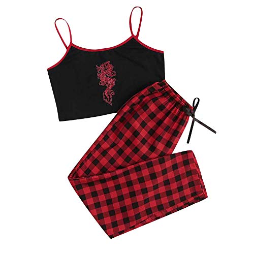 yiouyisheng Sling Top Karierte Hose Pyjama Set Drachen Muster rot und Schwarz Sexy Nachtwäsche Schlafanzug von yiouyisheng