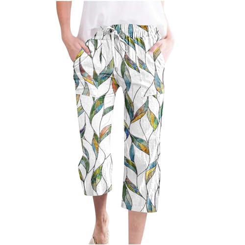 yiouyisheng Sommerhose Damen Leicht 3/4 Hose Bunt Bedruckt Caprihose Sommer Leinen Culottes Hose Weites Bein Leinenhose Leicht Luftig Freizeithose Locker Strandhose Stoffhose mit Taschen von yiouyisheng
