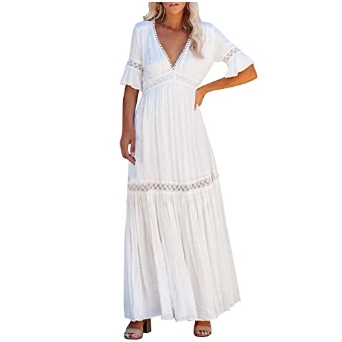 yiouyisheng Sommerkleid Damen Lang Boho Kleid V-Ausschnitt Spitze Strandkleid Sommer Kleider Frauen Freizeitkleid Spitzenkleid Casual Strand Urlaub Täglich Bohemian Kleider von yiouyisheng