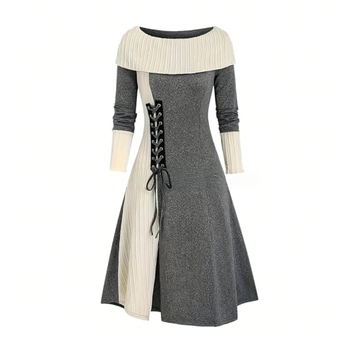 yiouyisheng Strickkleid Damen Langarm Herbstkleid Winterkleid Lang Pulloverkleid mit Schnürung Jerseykleid Frauen Colourblocking Freizeitkleid Patchwork Casual Strickkleider von yiouyisheng