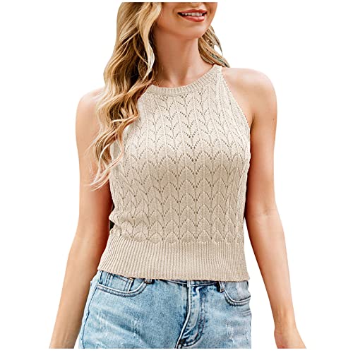 yiouyisheng Tank Top Damen Kurz Stricktop Damen Ärmellos Crop Top Ärmellose Stricken Sommertop Rundhalsausschnitt Oberteile Unterhemd Leibchen Camisole von yiouyisheng