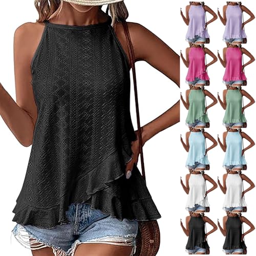 yiouyisheng Tank Top Damen Neckholder Sommer Top Ärmellose Tanktop mit Rüschen, Tanktops Frauen Hollow Out Top Elegant Oberteil mit Volants Fließendes Cami Shirt Blusentop Fashion Trends 2024 von yiouyisheng