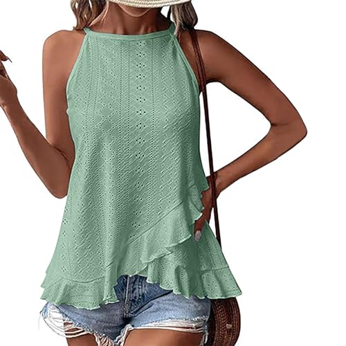 yiouyisheng Tanktops Frauen Sommer Tops Damen Neckholder Top Ärmellose Tanktop mit Rüschen Hollow Out Top Elegant Oberteil mit Volants Fließendes Cami Shirt Blusentop Urlaub Fashion Trends 2024 von yiouyisheng