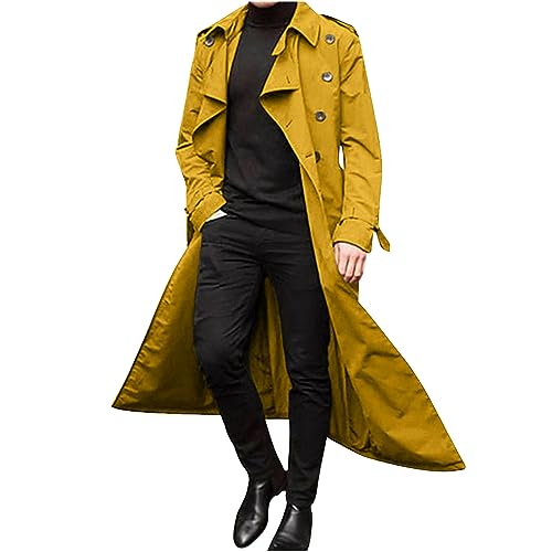 yiouyisheng Trenchcoat Herren Lang Einfach Einfarbig Mantel Männer Knopf Cardigan Zweireihig Revers Übergangsmantel mit Gürtel, Blau Mintgrün Dunkelgrau Grau Gelb von yiouyisheng