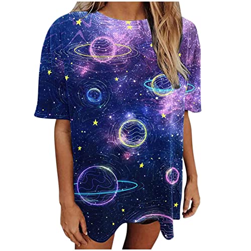 yiouyisheng Tshirt Damen Oversize Kurzarm Sommer Oberteile Geheimnisvolles Universum Planet Motiv T-Shirt Frauen Rundhals Casual Tops Teenager Mädchen Sweatshirt von yiouyisheng