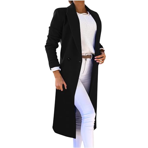 yiouyisheng Wollmantel Damen Lang Elegant Trenchcoat Mantel Einfarbig Longblazer Büromantel Frauen Übergangsmantel Cardigan Overcoat Zweireihiger Damenmantel für Herbst und Winter von yiouyisheng