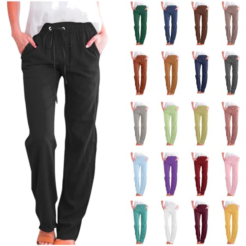 yiouyisheng Womens Casual Linen High Waist Pants Drawstring Loose Fit Summer Pants Trousers with Side Pockets Leinenhose Sommerhose von yiouyisheng