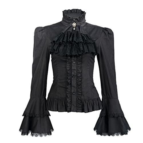 Viktorianische Bluse für Damen, Gothic, Lolita-Langarm-Bluse mit Lotus-Rüschen, Schwarz, XL von yiranyijiu