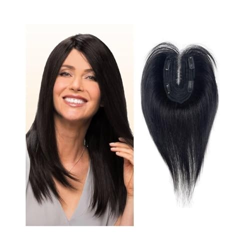 Haar-Topper 10-Zoll-Echthaar-Topper mit Pony, 9 x 14 cm, atmungsaktive Schweizer Spitzenbasis, glattes Remy-Haar mit Pony, Clip-in-Echthaar-Topper for Frauen Haarteil(Schwarz) von yixinzi-2024