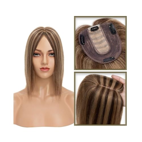 Haar-Topper 6–18 Zoll Echthaar-Topper for Frauen, echtes Echthaar ohne Pony, 10 x 12 cm, Injektionsseidenbasis, Clip-in-Haarverlängerung, Haarteile for glattes Haar Haarteil(Medium Brown+Dark Blond,6i von yixinzi-2024