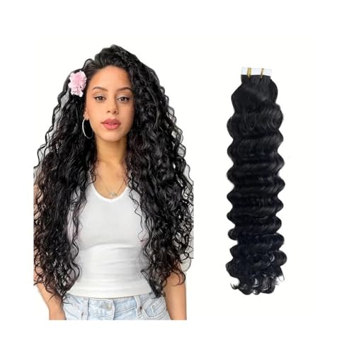 Tape in Haarverlängerungen Deep Wave Tape In Haarverlängerungen Echthaar for schwarze Frauen 16-26 Zoll Remy Human Hair Wave Curly Skin Weft Tape Ins Extensions Naturschwarz #1B Tape in Extensions(16 von yixinzi-2024