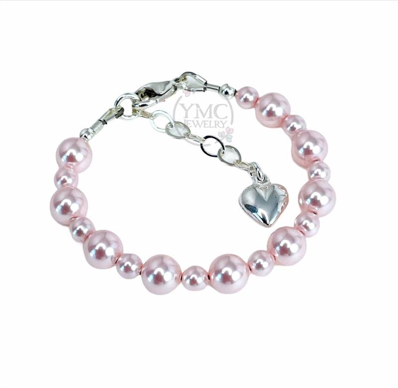 Baby-Rosa-Perlenarmband, Hellrosa Perle Mädchenarmband, Blumenmädchen-Perlenarmband, Erstkommunion Armband, Konfirmation Kreuz Perlenarmband von ymcjewelry