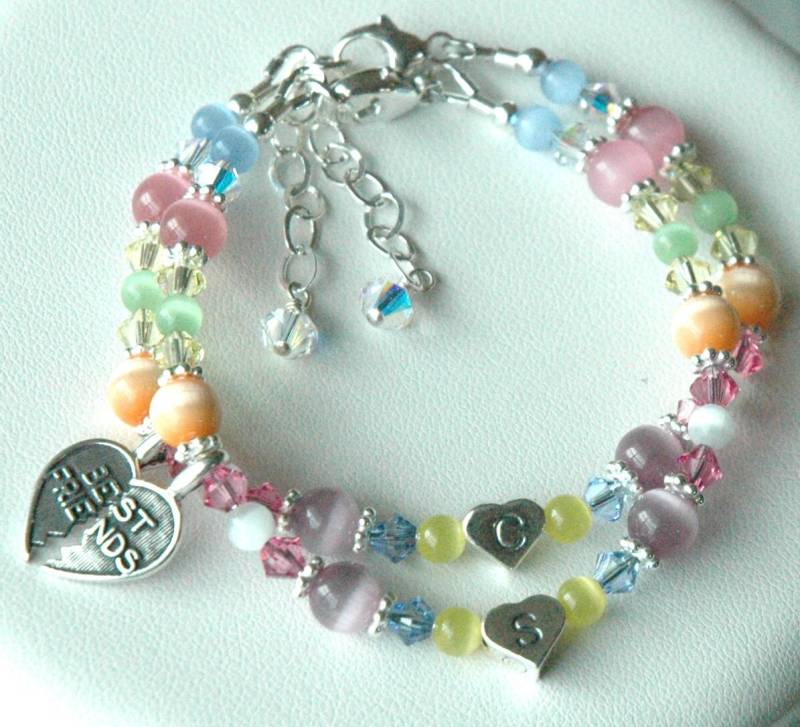 Bester Freund Bff Armband, Sterling Silber Herz Erste Multicolor Katzenauge Und Kristall Kinder Ostern Set Zwei Armband von ymcjewelry