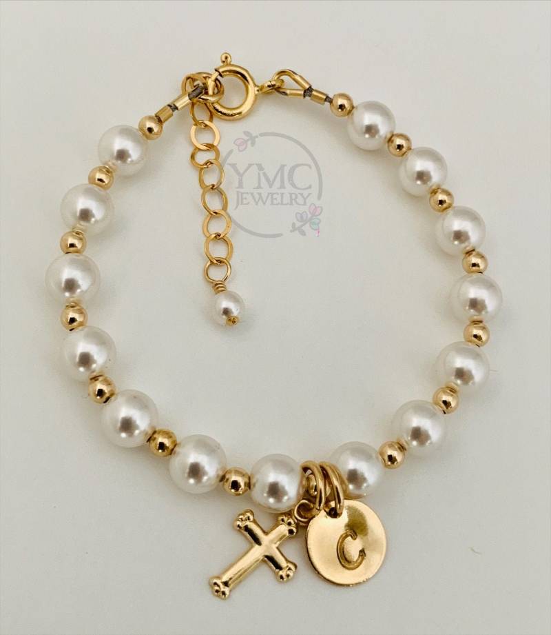 Gold Kreuz Perle Taufe Armband, Blumenmädchen Erste Kommunion, Konfirmation, Baby Armband Gold Kreuz Perle Taufe Armband, Blumenmädchen Erste Kommunion, Konfirmation, Baby Armband von ymcjewelry