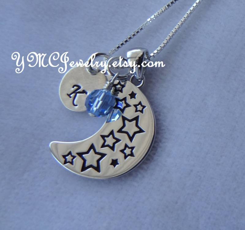Ich Liebe Dich Zum Mond Und Zurück Anhänger Halskette, Personalisierte Birthstone Stern Anhänger, Initial Blumenmädchen Halskette von ymcjewelry