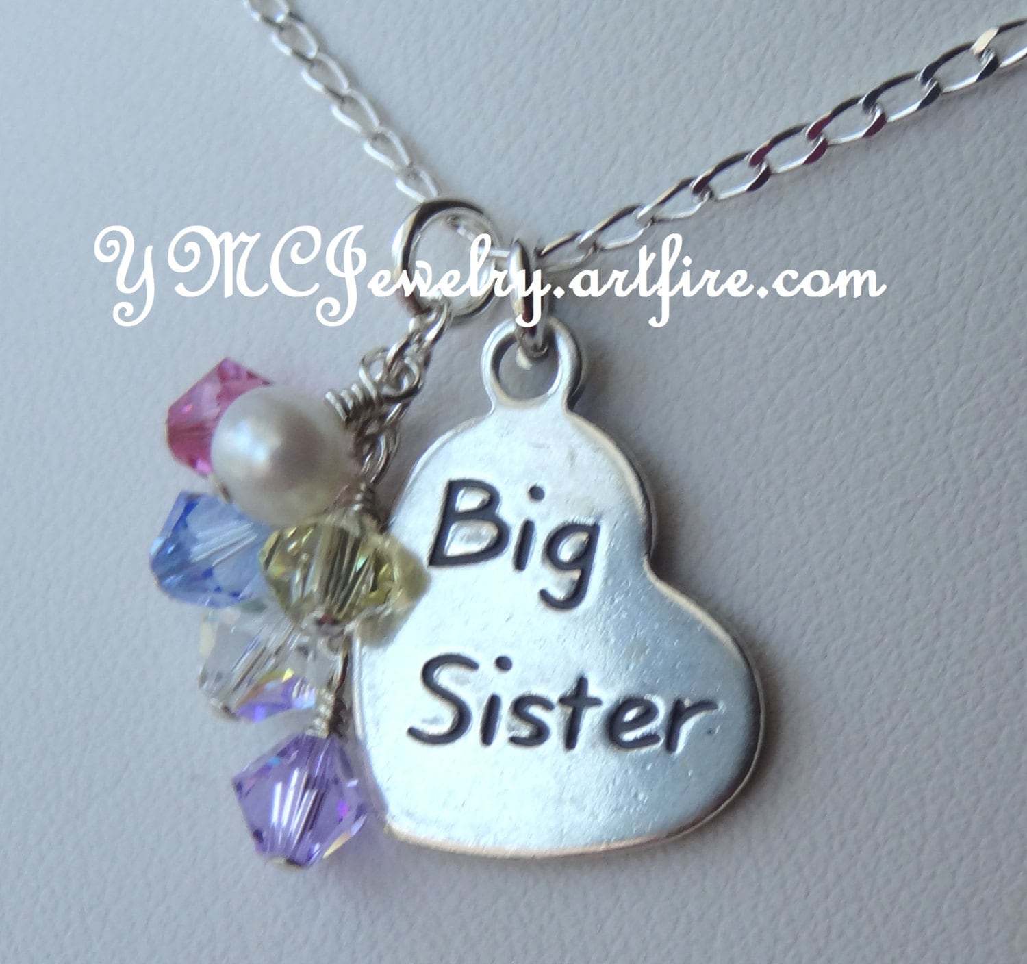 Kleine Schwester/Große Sterling Silber Herz Charm Halskette, Süßwasser Perlen Multicolor Baumeln Anhänger, Lil Sis - Big Halskette von ymcjewelry