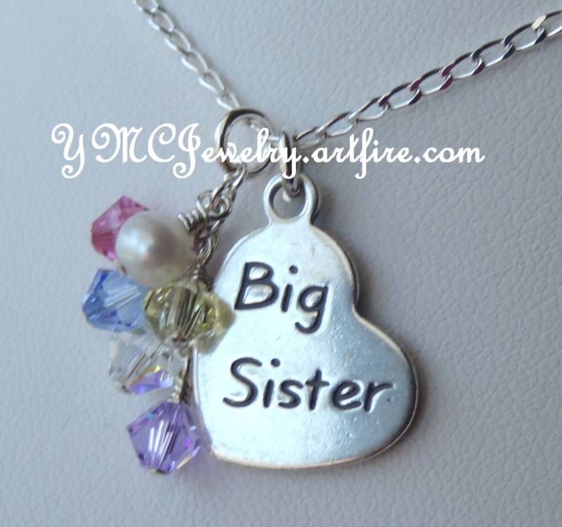 Kleine Schwester/Große Sterling Silber Herz Charm Halskette, Süßwasser Perlen Multicolor Baumeln Anhänger, Lil Sis - Big Halskette von ymcjewelry