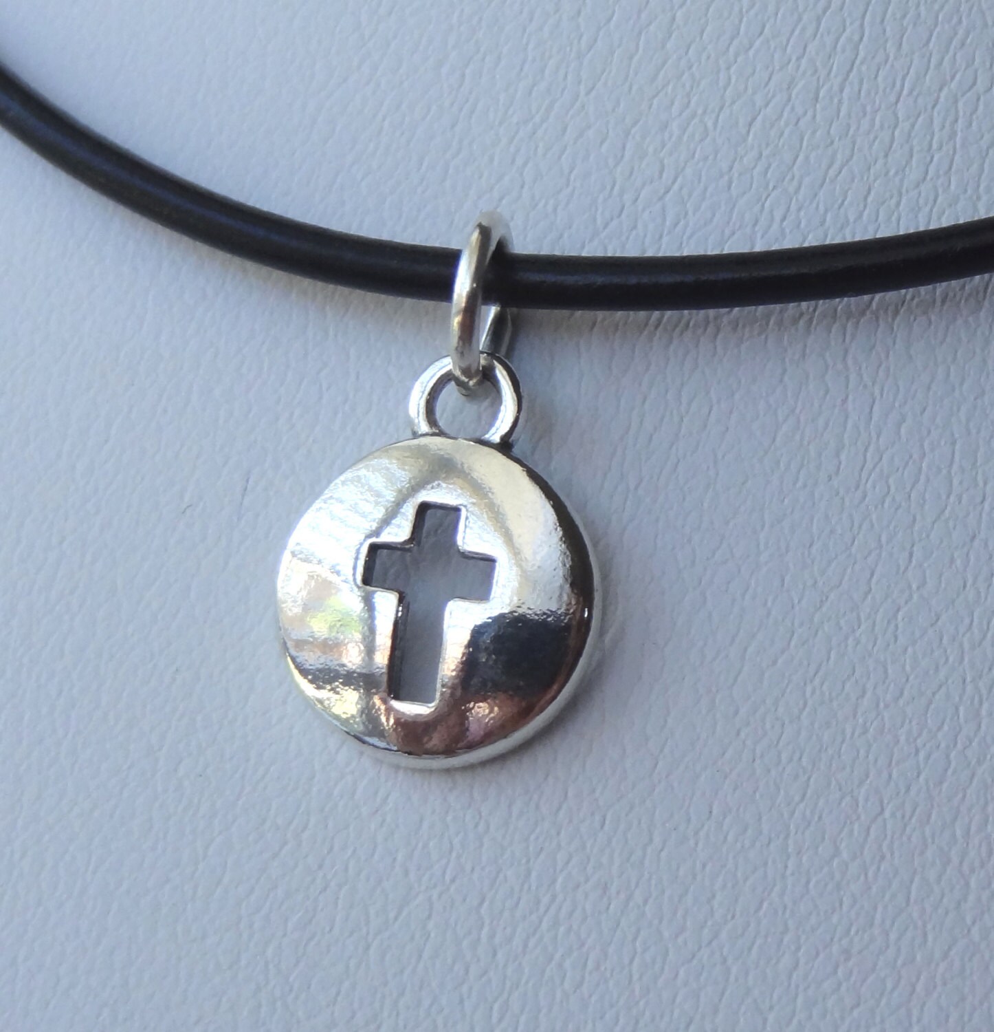 Leder Und Sterling Silber Kreuz Gewölbt Junge Halskette Halsband, Taufe Erstkommunion Bestätigung Halskette von ymcjewelry