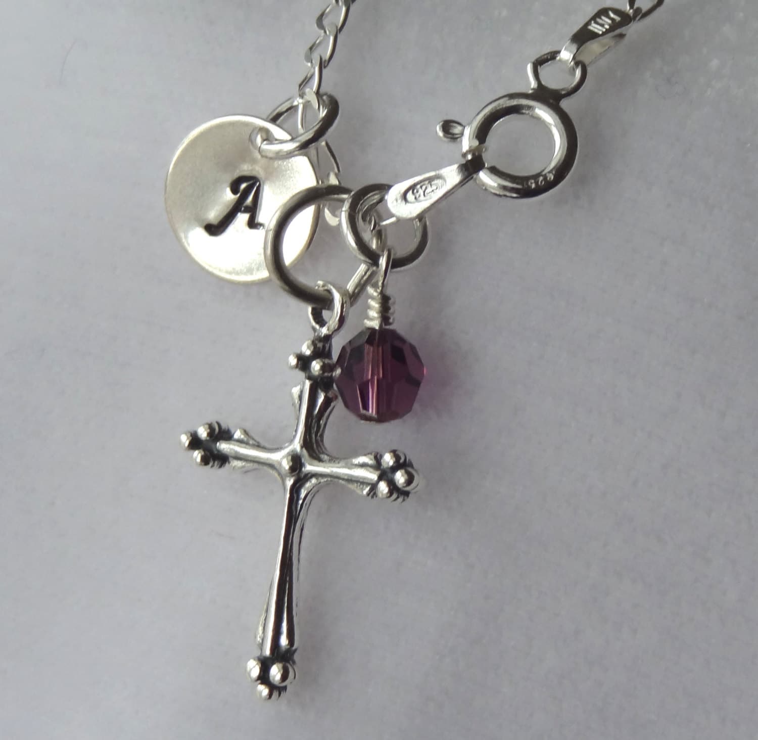 Patenkind Kreuz Halskette, Silber Anfangsbuchstabe Birthstone Erstkommunion Taufe Halskette von ymcjewelry