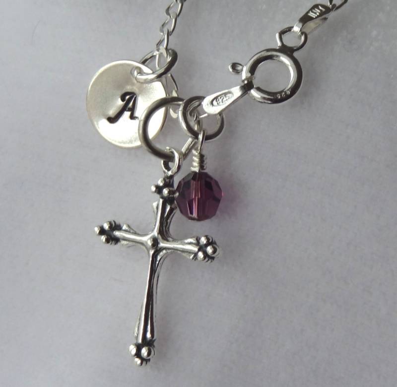 Patenkind Kreuz Halskette, Silber Anfangsbuchstabe Birthstone Erstkommunion Taufe Halskette von ymcjewelry