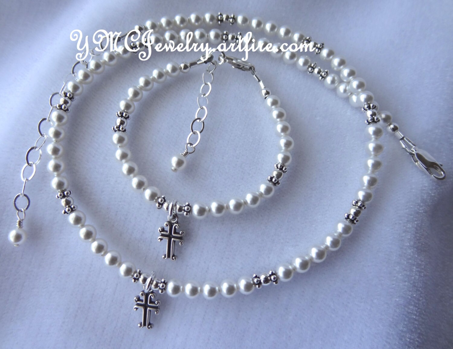 Perlen Kreuz Halskette/Armband Set, Taufe Halskette, Erstkommunion Konfirmation Blumenmädchen von ymcjewelry