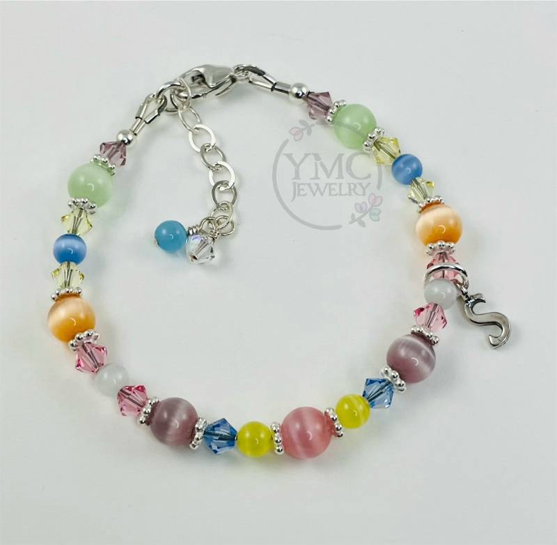 Personalisierte Pastell Multi Farbe Katzenauge Anfang Armband, Erste Bunte Blumen Mädchen Farbige Regenbogen Kleine Armband von ymcjewelry