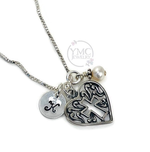 Personalisierte Silber Herz Kreuz Halskette, Erste Birthstone Kommunion Konfirmation Jeden Tag Glaube Halskette von ymcjewelry