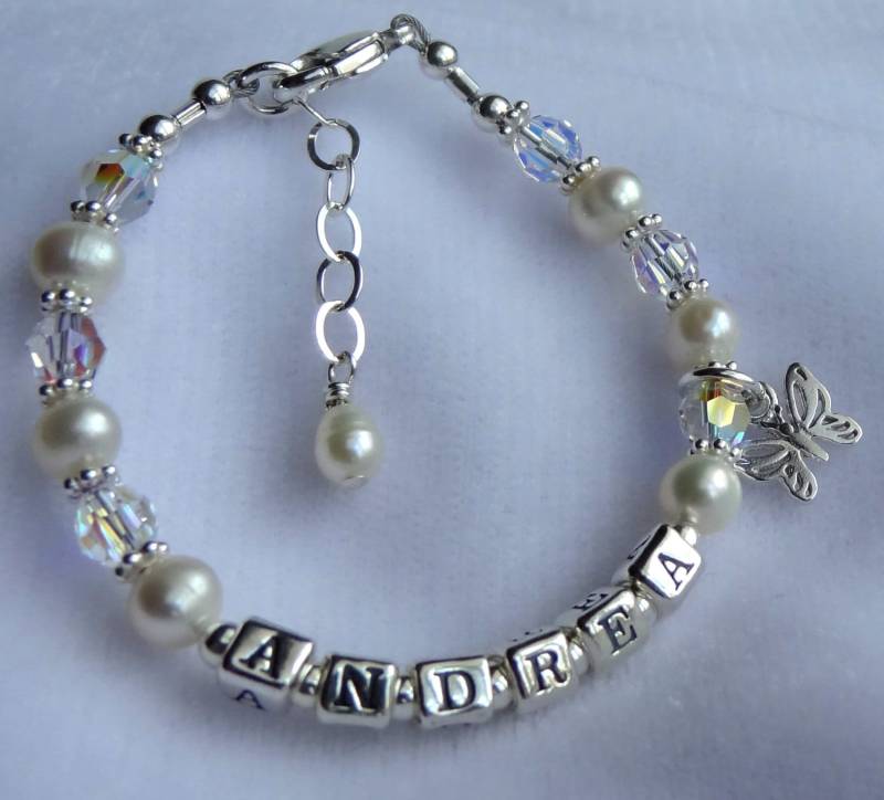 Personalisierte Süßwasser Perle Birthstone Name Armband, Kinder Armband, Taufe-Erste Kommunion Armband, Baby Mädchen Kleinkind Id Armband von ymcjewelry
