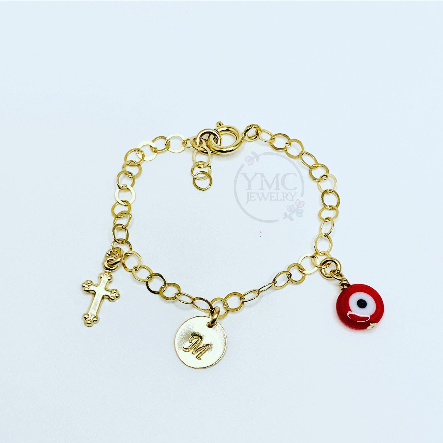Personalisiertes Gold Rot Evil Eye Armband, Baby Initial Babyschutz Kreuz Taufe Armband von ymcjewelry