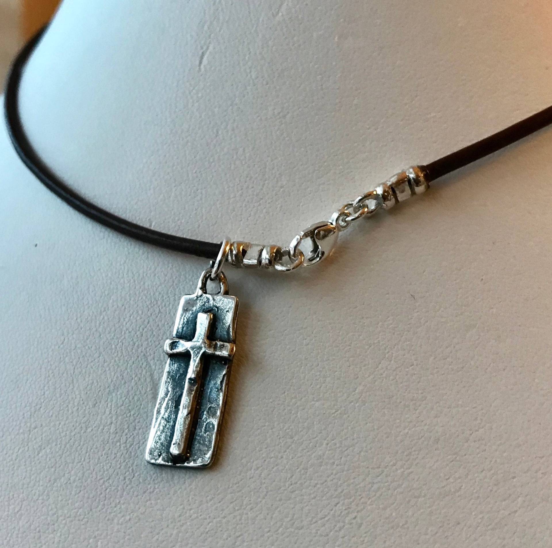 Silber Lederband Rechteck Kreuz Jungenkette, Erstkommunion Jungenkette Geschenk, Konfirmation Taufe von ymcjewelry