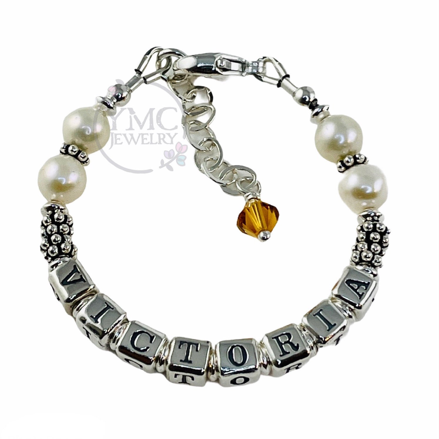 Süßwasserperle Namensarmband, Baby Perle Erstkommunion Armband, Taufe Birthstone Namensarmband von ymcjewelry