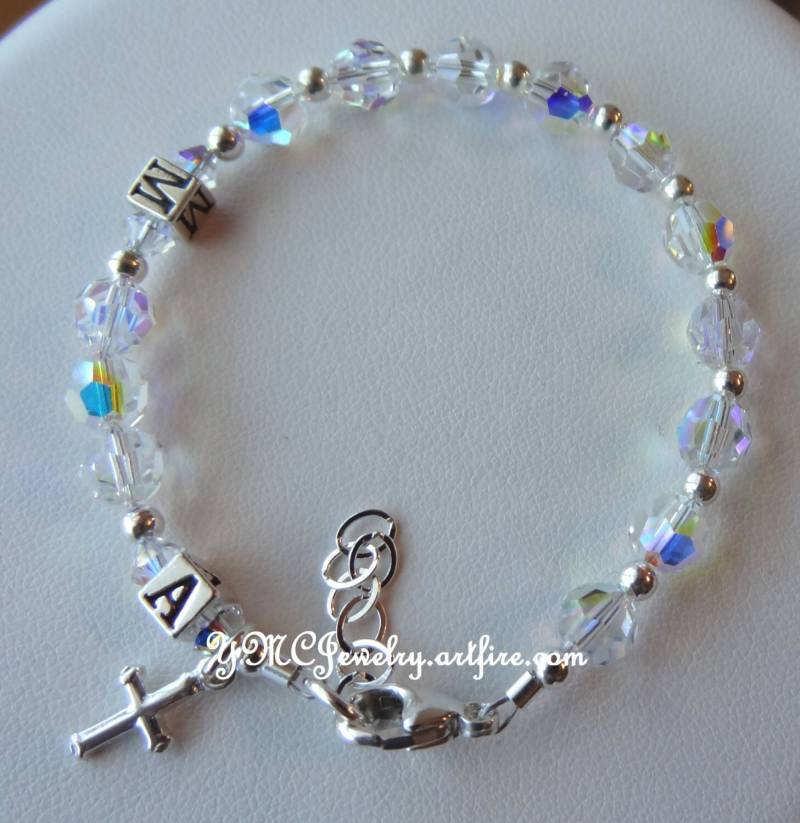 sterling Silber Erste Personalisierte Rosenkranz Armband, Baby Konfirmation Kommunion Armband von ymcjewelry