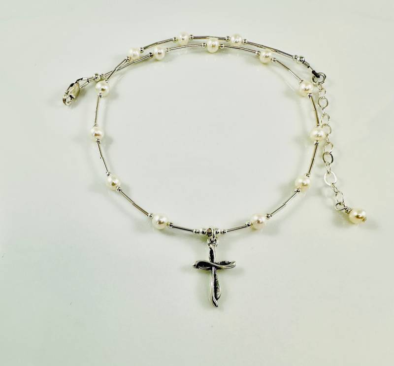 sterling Silber Kreuz Und Süßwasserperle Halskette, Perle Erste Kommunion Taufe Konfirmation Halskette von ymcjewelry