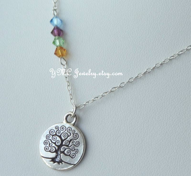 sterling Silber Mom Charm Und Birthstone Baumeln Halskette, Familie Baum Kinder Geburtsstein, Oma von ymcjewelry