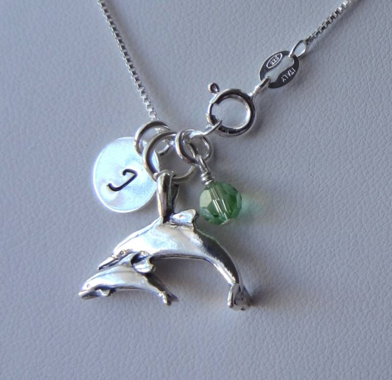 sterling Silber Personalisierte Delfin Mit Kalb Halskette, Birthstone Erste Neue Mutter Geschenk, Halskette von ymcjewelry