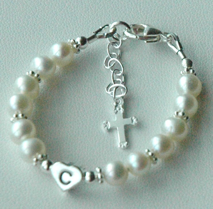 sterling Silber Süßwasser Perle Kreuz Kinder Armband, Taufe Erste Kommunion Armband von ymcjewelry