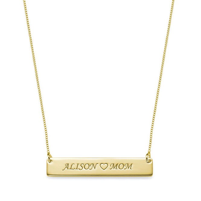 14K Gelb Gold Über 925 Sterling Silber Individuell Graviert Liebe Mom Namen Bar Halskette - Typenschild Gravur 14K Gelb Gold Über 925 Sterling Silber Individuell Graviert Liebe Mom Namen Bar Halskette - Typenschild Gravur von ymcjewelrycom