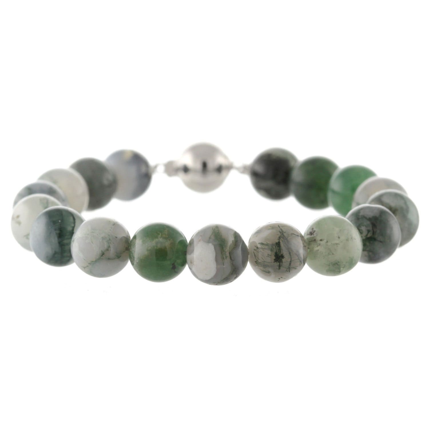 925 Sterling Silber Kugel-Verschluss Armband Natürliche 10 Mm Runde Moos Achat 6" Bis" 9"/ Lang von ymcjewelrycom