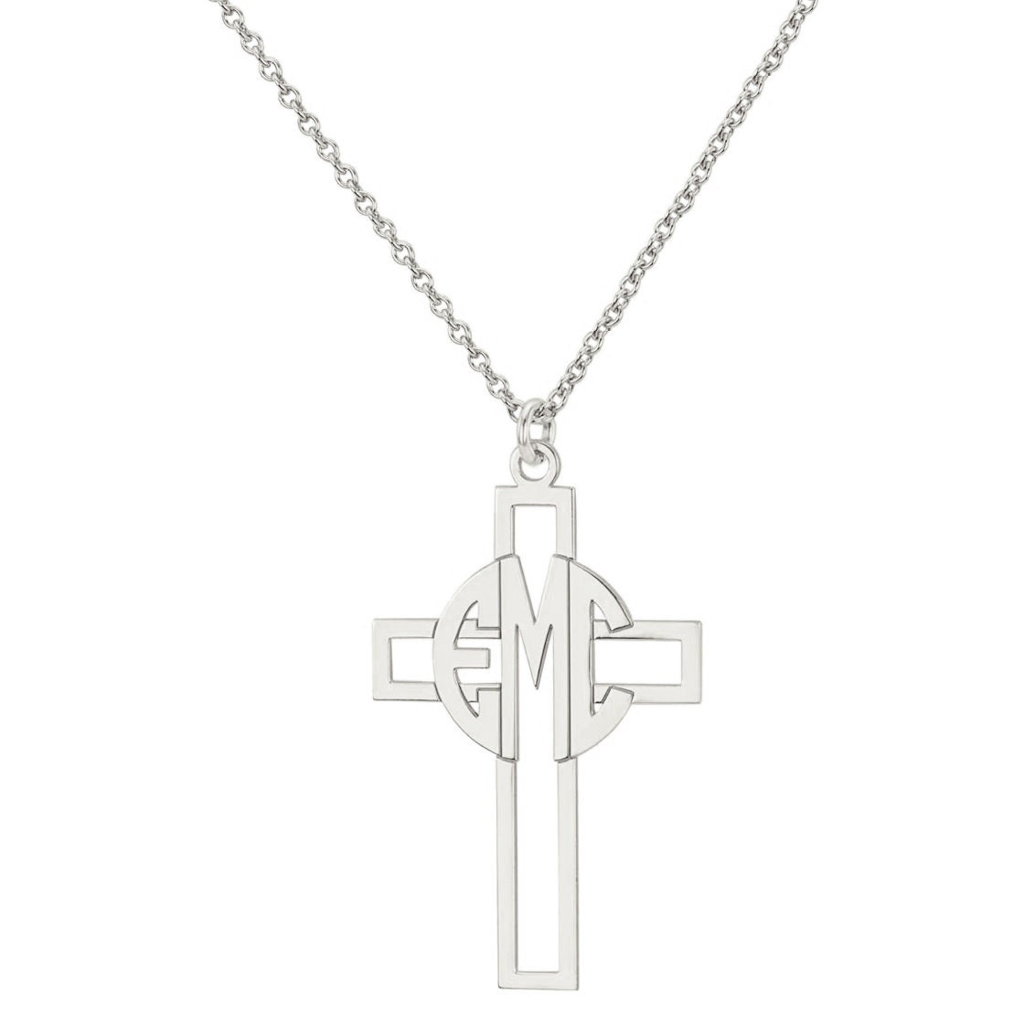 Benutzerdefinierte Gemacht 3 Initialen Circle Monogramm Kreuz Anhänger Halskette Rhodium Weissgold Über 925 Sterling Silber - Typenschild von ymcjewelrycom