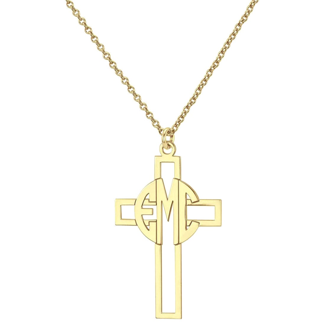 Benutzerdefinierte Gemacht 3 Initialen Circle Monogramm Kreuz Anhänger Halskette in 14K Gelb Gold Über 925 Sterling Silber - Typenschild von ymcjewelrycom