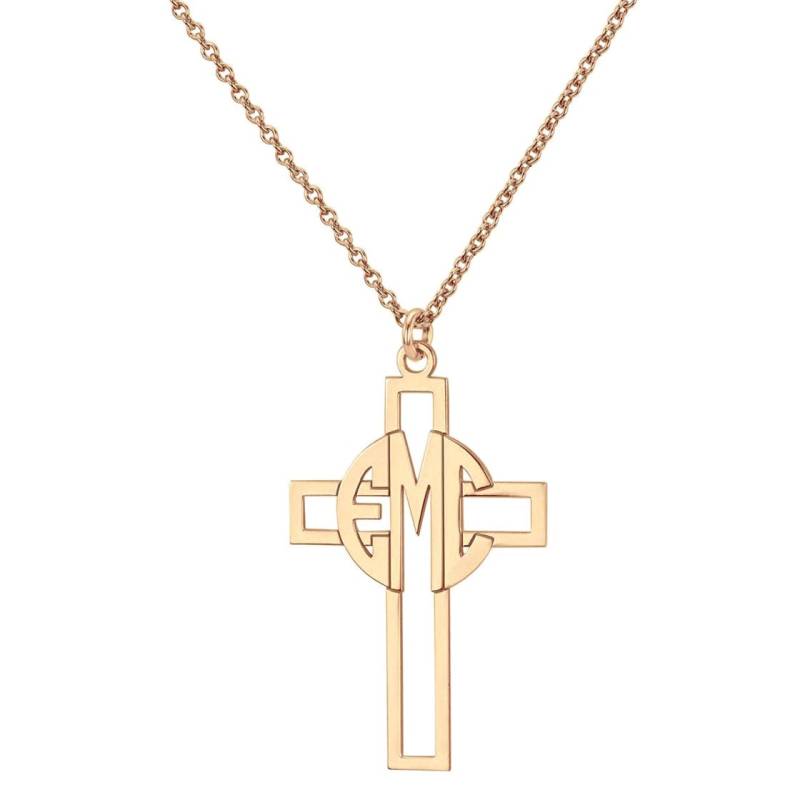 Benutzerdefinierte Gemacht 3 Initialen Circle Monogramm Kreuz Anhänger Halskette in 14K Stieg Gold Über 925 Sterling Silber - Typenschild Benutzerdefinierte Gemacht 3 Initialen Circle Monogramm Kreuz Anhänger Halskette in 14K Stieg Gold Über 925 Sterling Silber - Typenschild von ymcjewelrycom