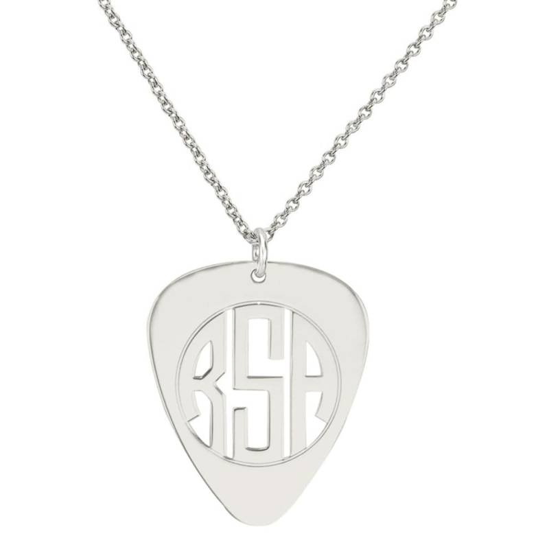 Eigenbau 3 Initialen Monogram Guitar Pick Halskette in Weissgold Rhodium Über 925 Sterling Silber - Typenschild Eigenbau 3 Initialen Monogram Guitar Pick Halskette in Weissgold Rhodium Über 925 Sterling Silber - Typenschild von ymcjewelrycom