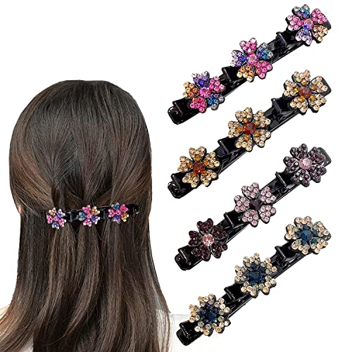 Glitzernde Kristall-Stein Geflochtene Haarspangen, Kolibri Haarspange mit Kristallblume, Klee-Strass-Haarspange, Große Haarspangen für Dickes Haar mit 3 Mini-Haarspangen für Damen Mädchen (B-01) von yoarmyt