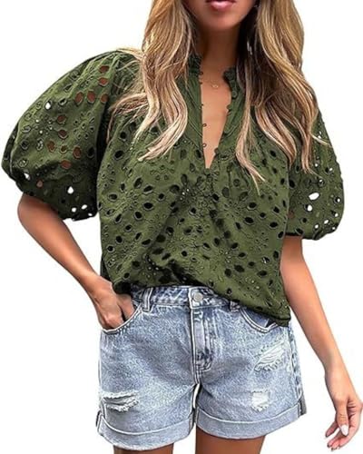 yoeasy Damen Laterne Kurzarm V-Ausschnitt Aushöhlen Bestickte Bluse Knöpfe Ösen Spitze Shirts Tops, Grün (Army Green), Groß von yoeasy