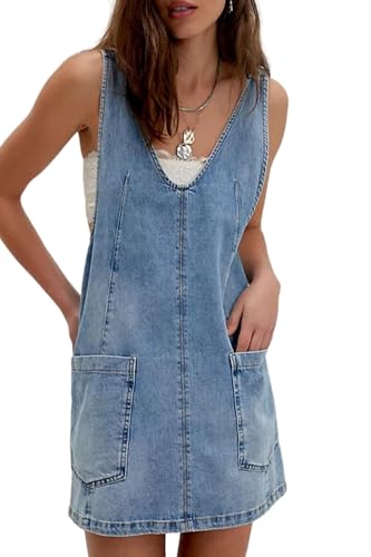 yoeasy Damen V-Ausschnitt Ärmellos Denim Overall Kleid Verstellbarer Träger Sommer Mini Latzhose Jeanskleid mit Taschen, Hell, blau, X-Groß von yoeasy