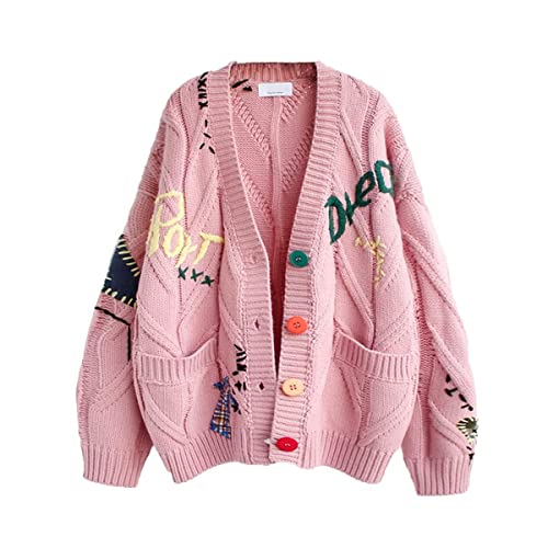 yoeasy Damen V-Ausschnitt Strick Cardigan Pullover Langarm Stickerei Casual Drop Shoulder Oberbekleidung Lose Button Down, rose, Mittel von yoeasy