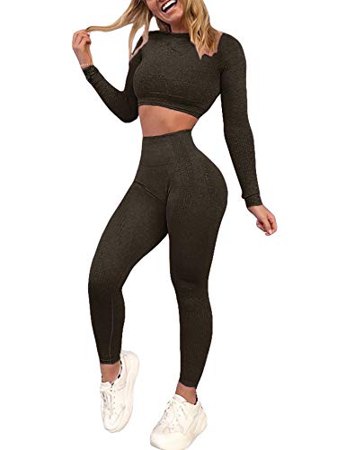 YOFIT Damen Workout Outfit 2 Stücke Nahtlose Hohe Taille Yoga Leggings mit Langarm Crop Top Gym Kleidung Set - Grün - Small von YOFIT