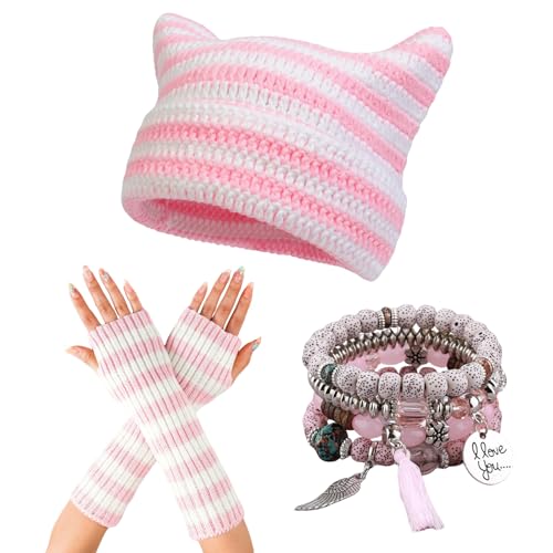 yolrdiw Therian Stuff Emo Grunge Fingerlose Handschuhe Niedliche Katzenohren Hut Fairycore Stapelbare Armbänder, Helles Pink, Einheitsgröße von yolrdiw
